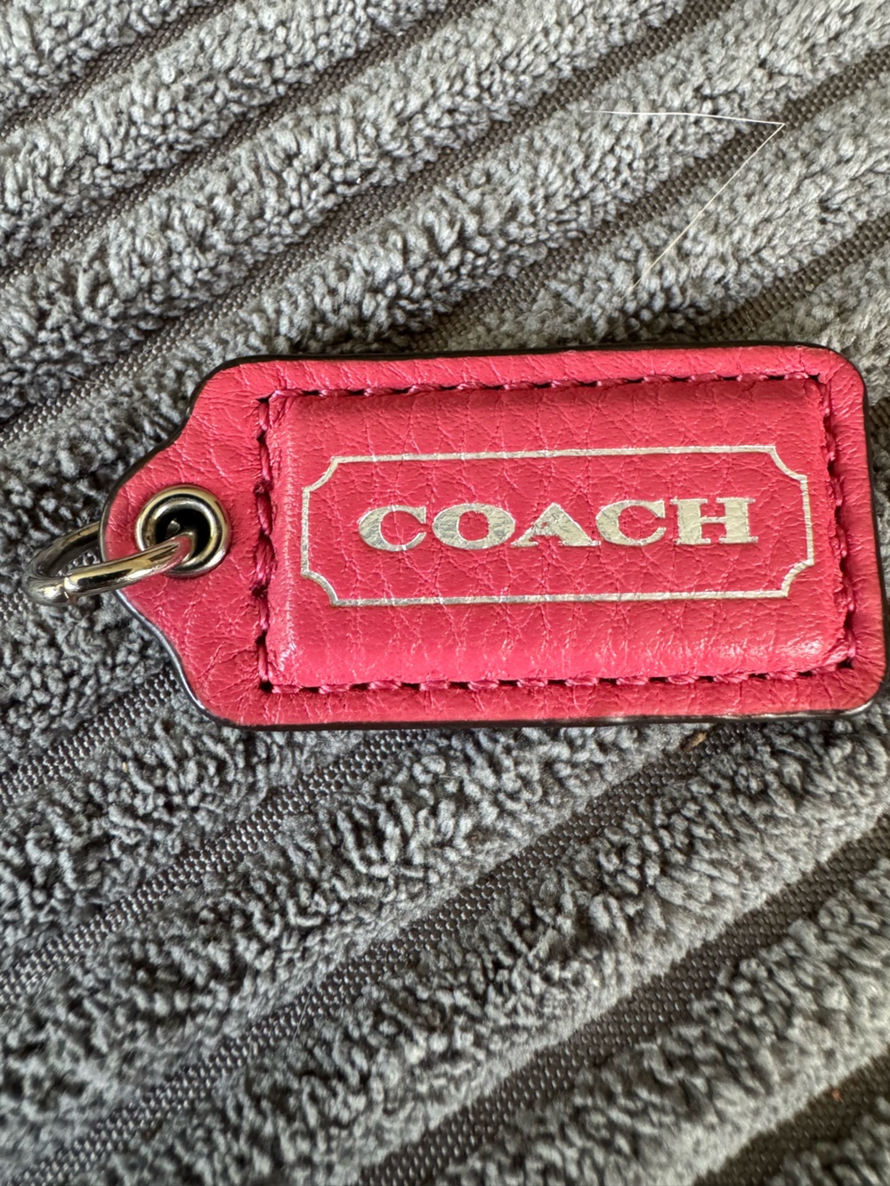 Coach Red Leather Silver Embossed Rare 2” Fob Hang tag Charm Keychain Bag Purse